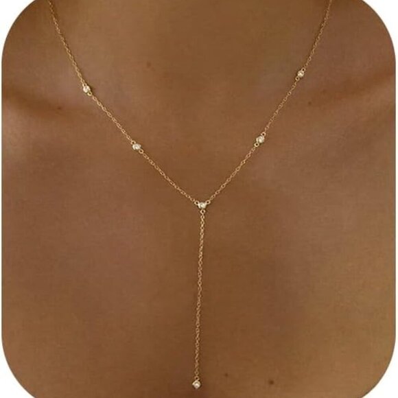 Lariat Necklace for Women, Dainty Layered Gold Long Necklaces 14k Gold Plated Be - Picture 1 of 6